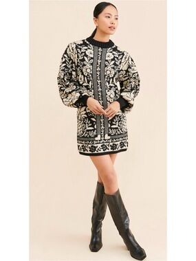 Black and Cream Floral Knit Sweater Dress